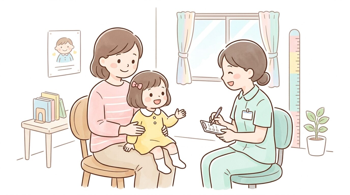 保健センターで保健師と会話をする親子の3歳児健診の様子