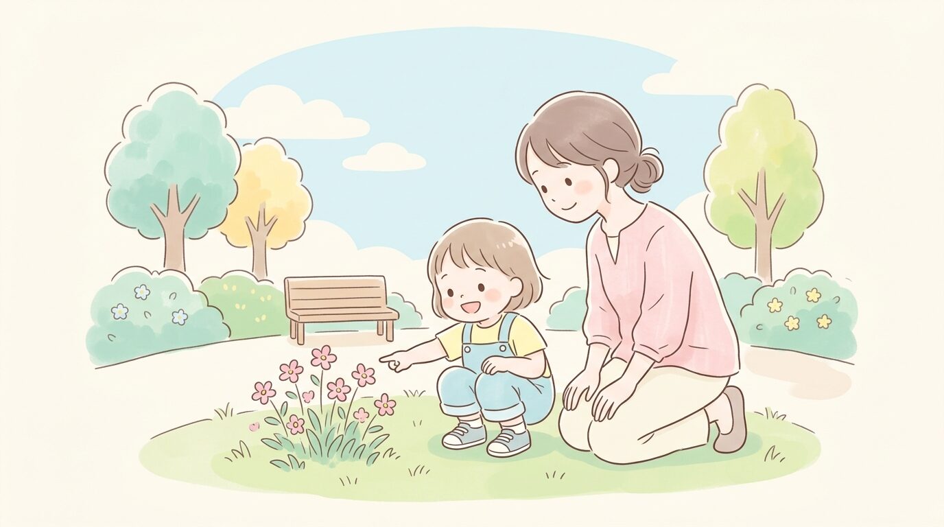 公園で親に「これなあに？」と花を指差して質問する3歳児の子ども