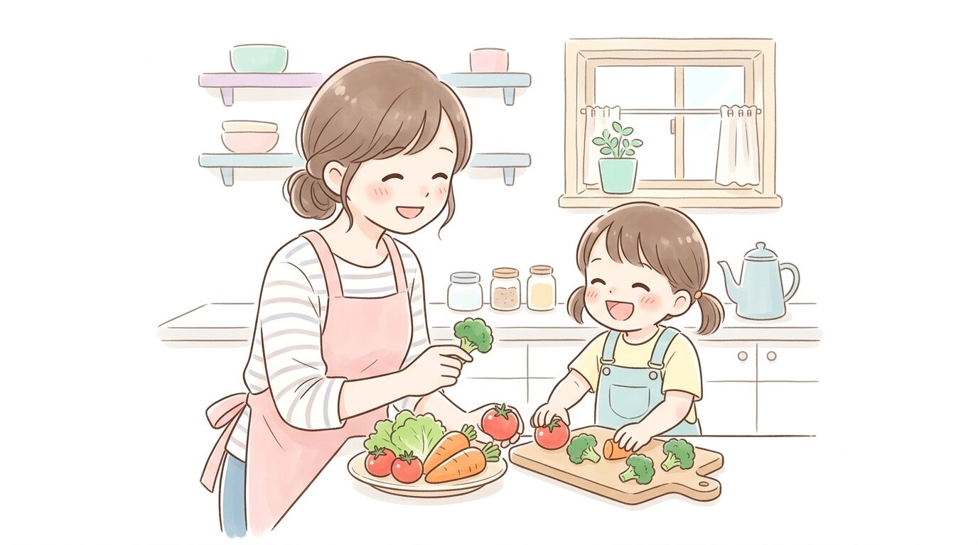 キッチンで親子が一緒に野菜を並べて笑顔で会話している温かい雰囲気の写真