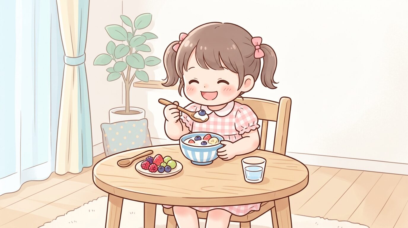 木製テーブルでヨーグルトとフルーツのおやつを笑顔で食べる3歳くらいの女の子