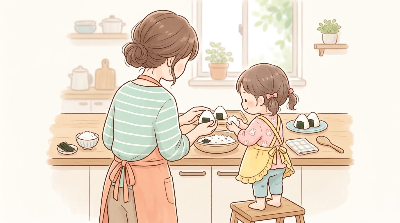 キッチンで一緒におにぎりを握る親子の後ろ姿、温かい家庭の雰囲気
