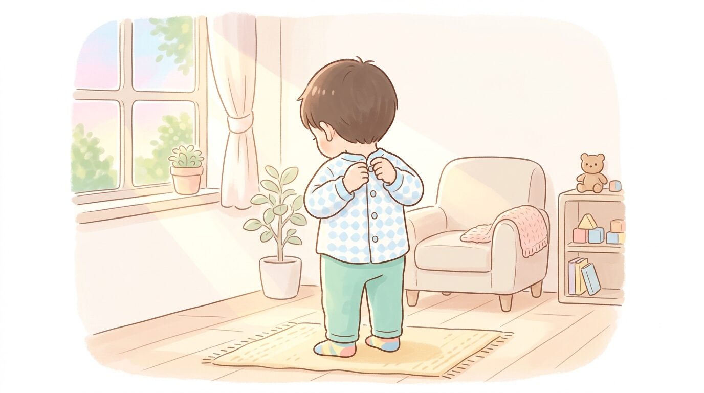朝の光が差し込むリビングで自分でシャツのボタンを留めようと頑張る3歳児の後ろ姿