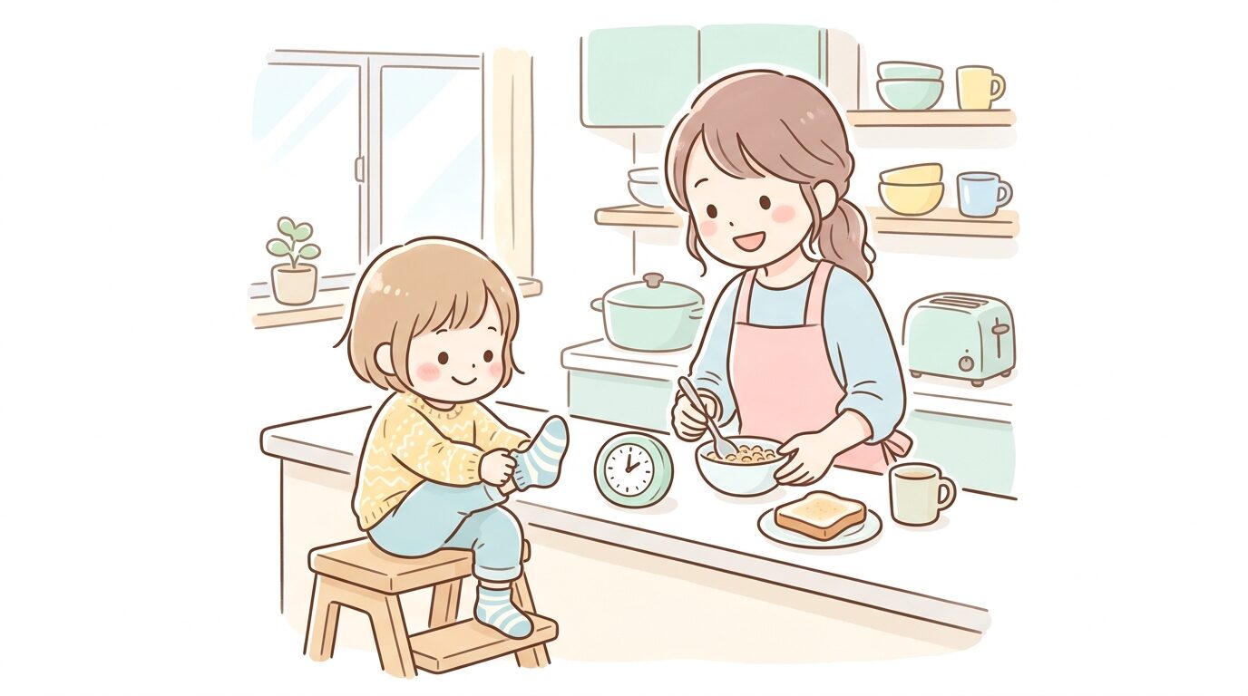 キッチンタイマーを見ながら朝食の準備をする母親と、隣で靴下を履こうとする3歳の子ども