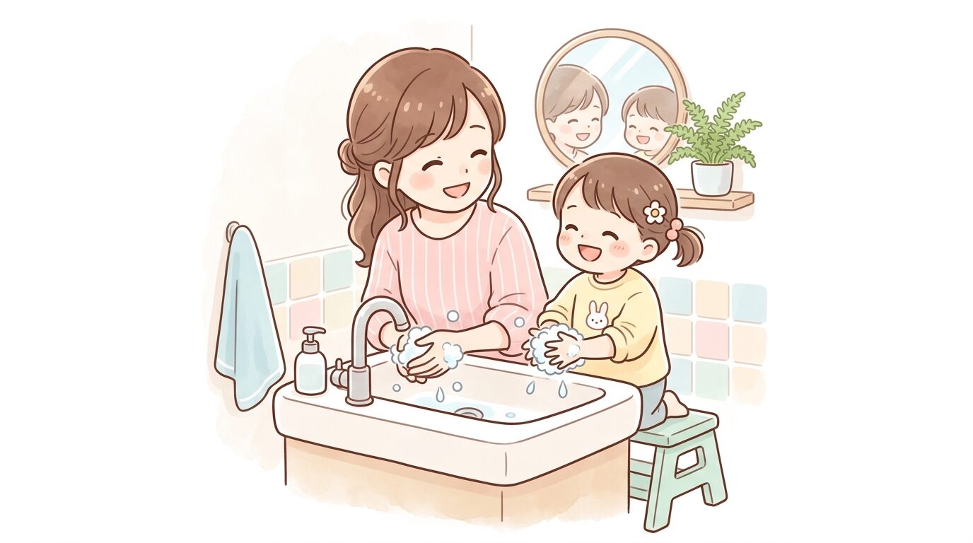 洗面所で親子が一緒に手洗いをしながら笑顔で会話をしているシーン