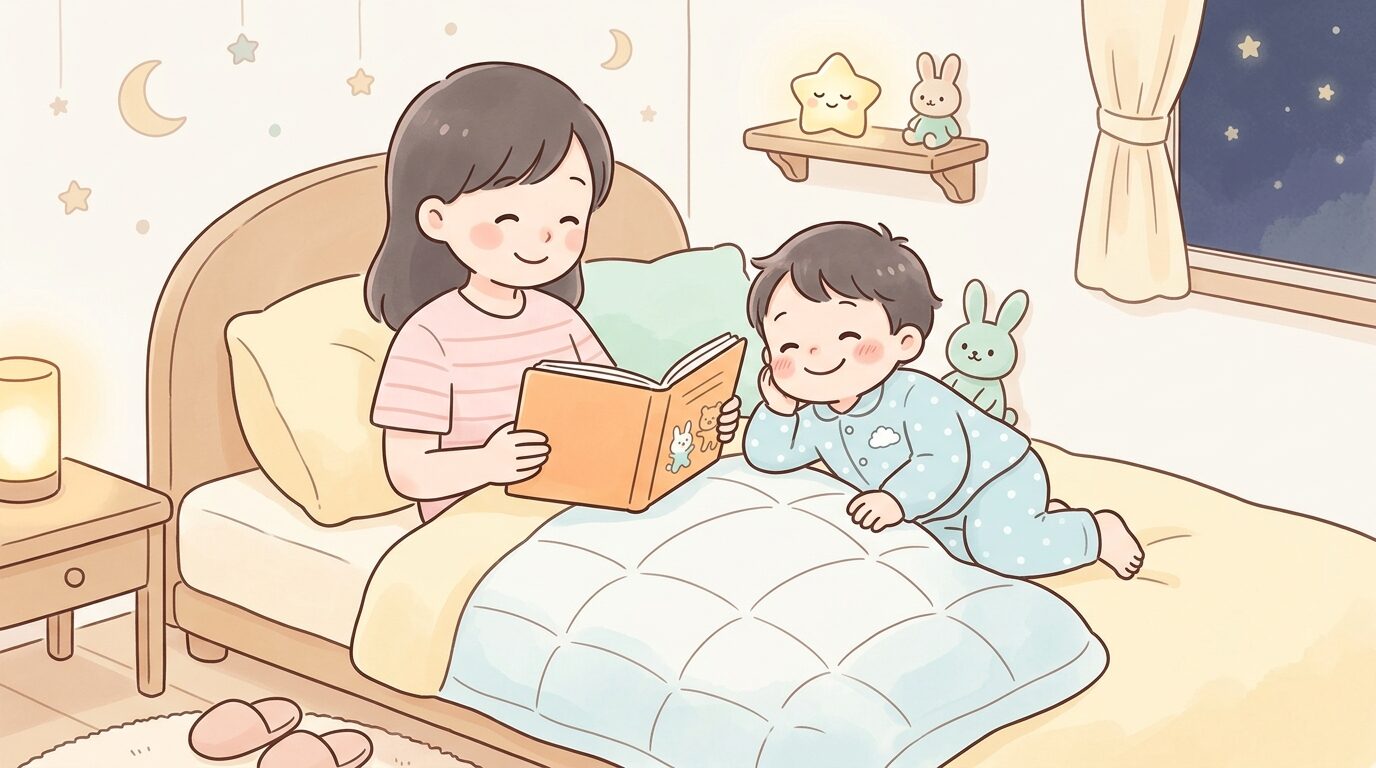 パジャマ姿の3歳児が親に絵本を読んでもらいながら微笑んでいる寝室の様子
