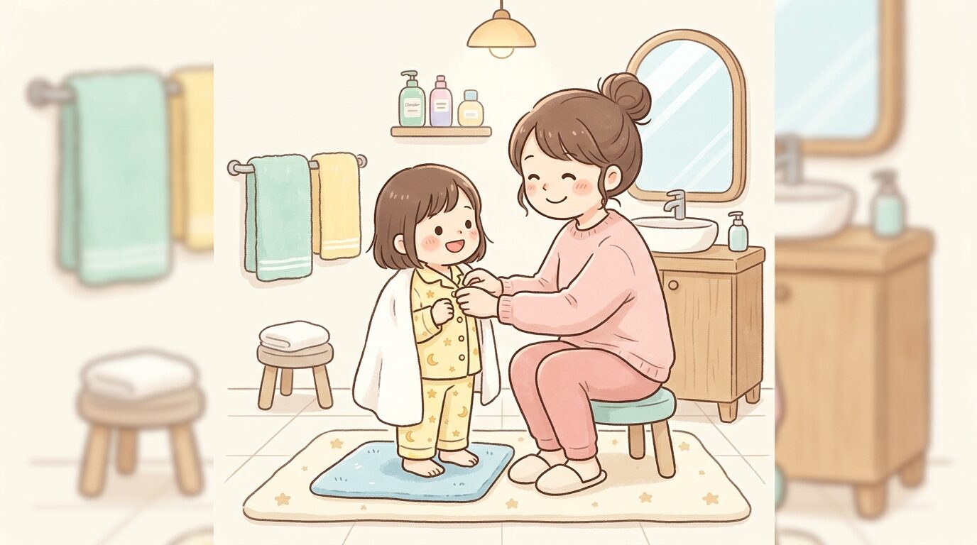 親子でお風呂上がりにパジャマに着替えている温かい雰囲気の洗面所のシーン
