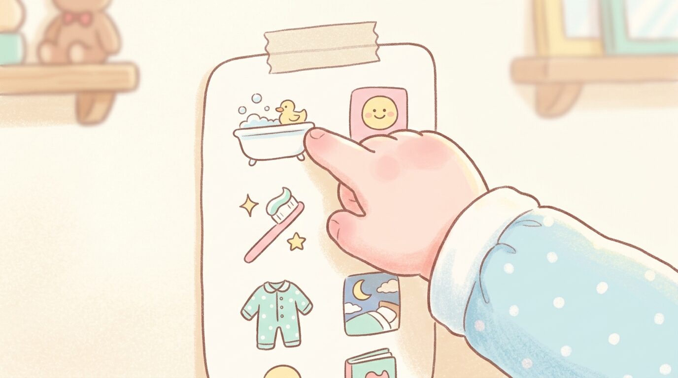 壁に貼られた絵カードのチェックリストを指差す3歳くらいの子どもの手元