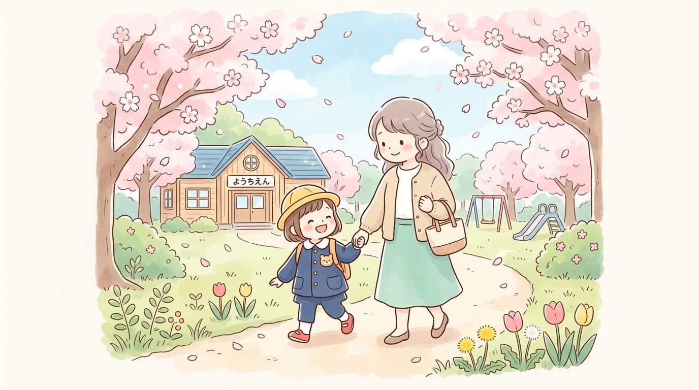 桜が咲く園庭で新しい制服を着た3歳児が親と手をつないで歩く様子