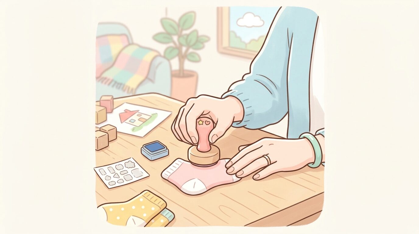 リビングのテーブルでお名前スタンプを子どもの靴下に押している母親の手元