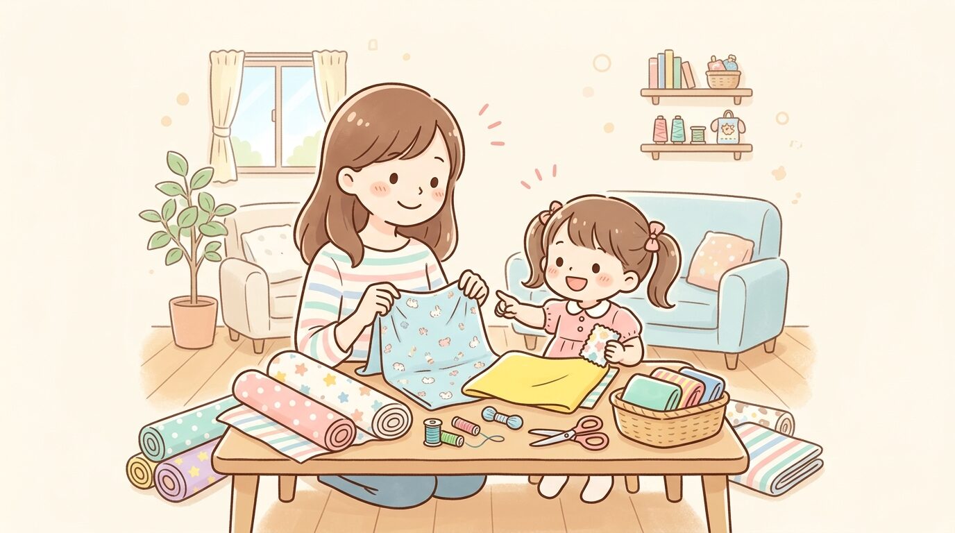 明るいリビングで親子がカラフルな生地を選びながら微笑み合っている様子