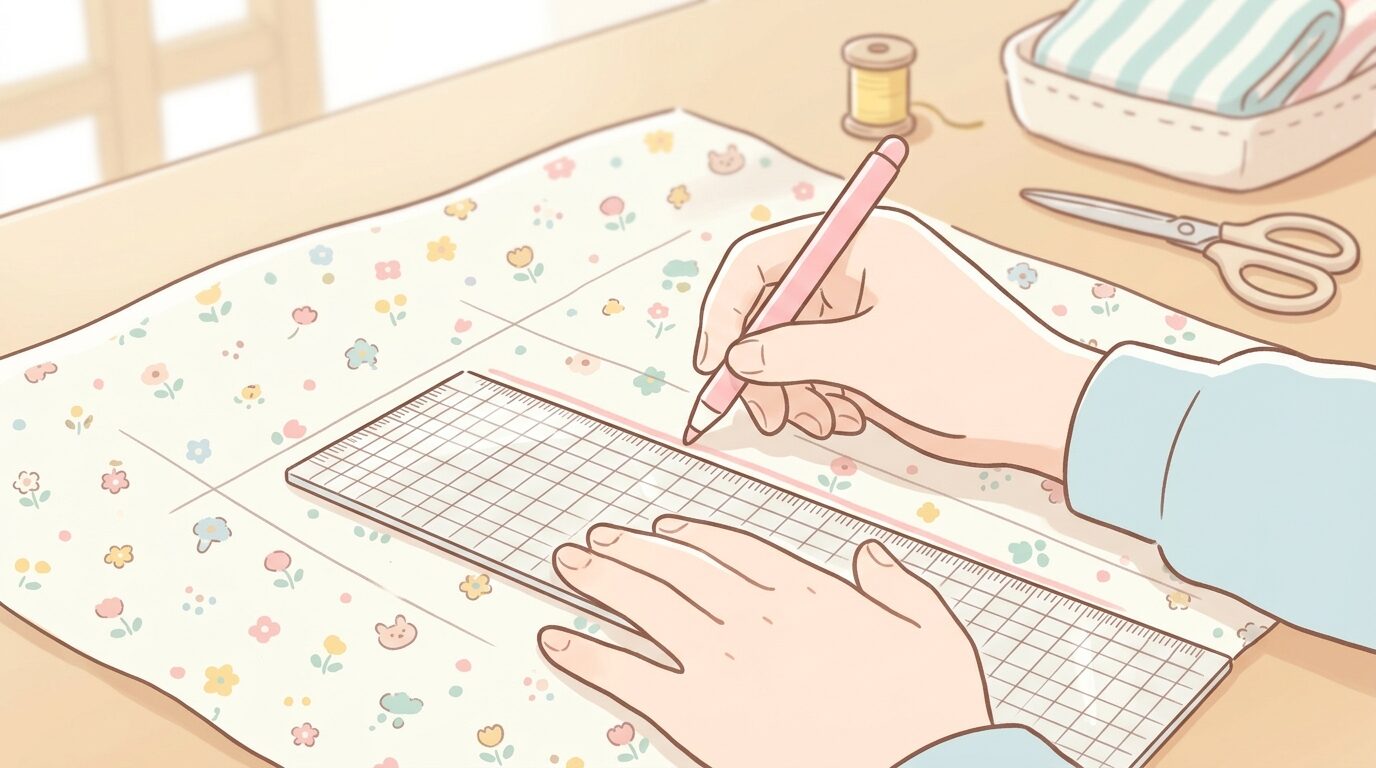 手芸用の方眼定規とチャコペンで生地に印をつける手元のクローズアップ