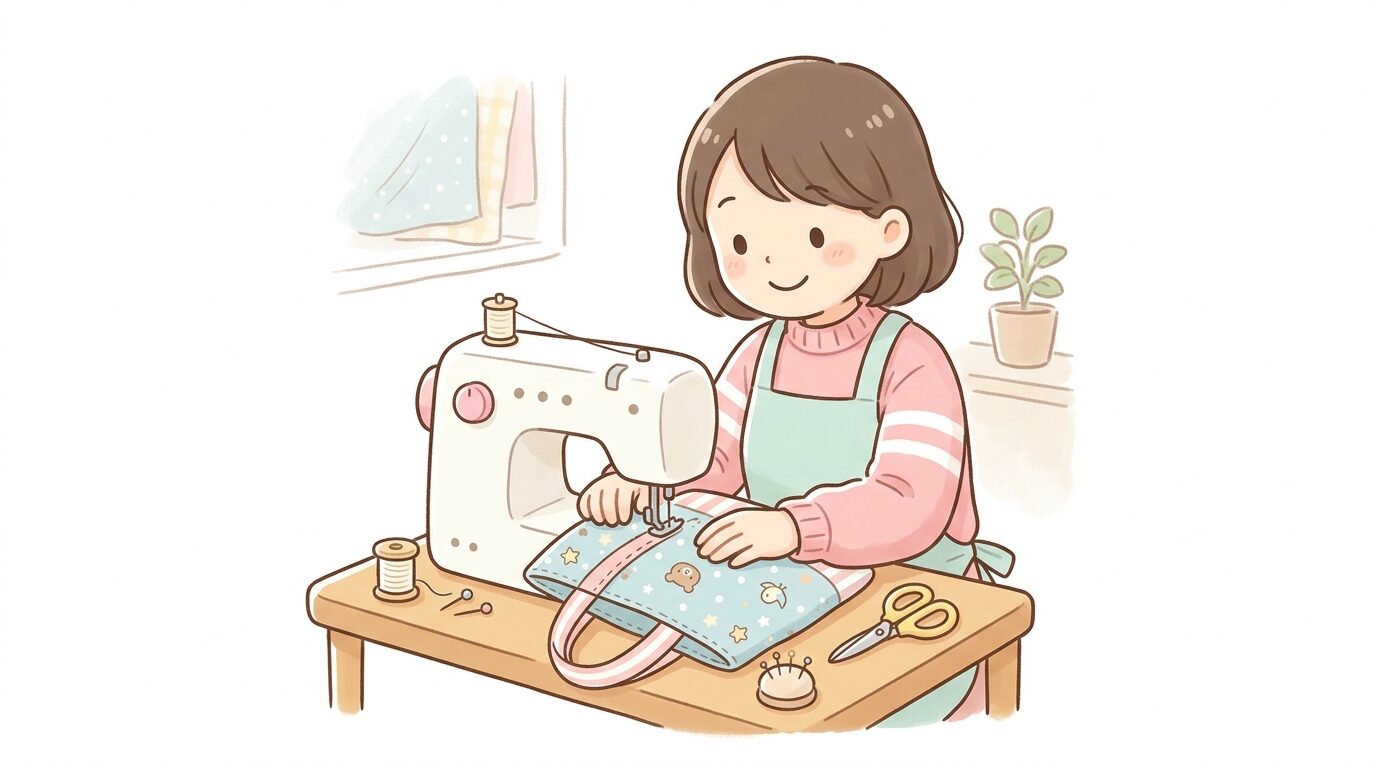 ミシンでレッスンバッグの持ち手部分を縫い付けている様子