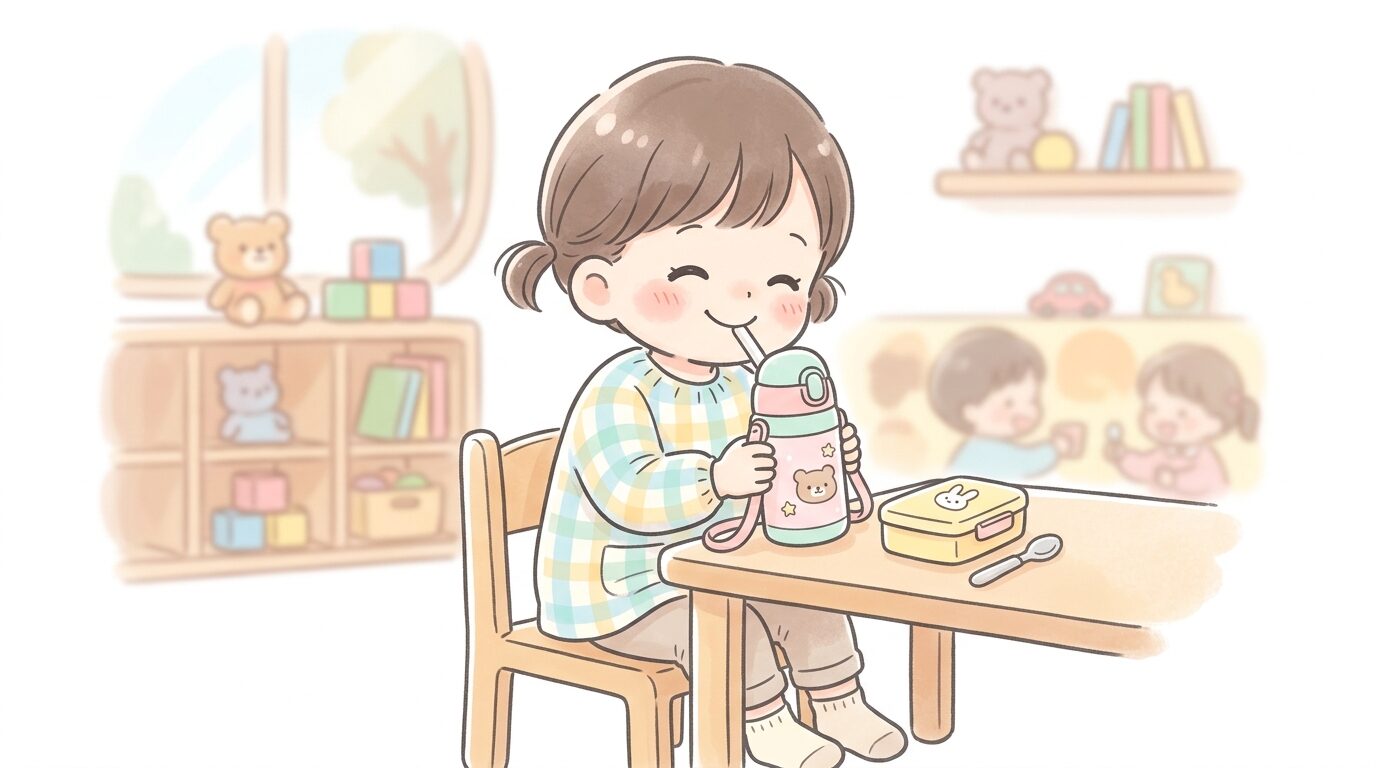 3歳の子供が保育園で自分専用の水筒からストローで水を飲んでいる笑顔の様子