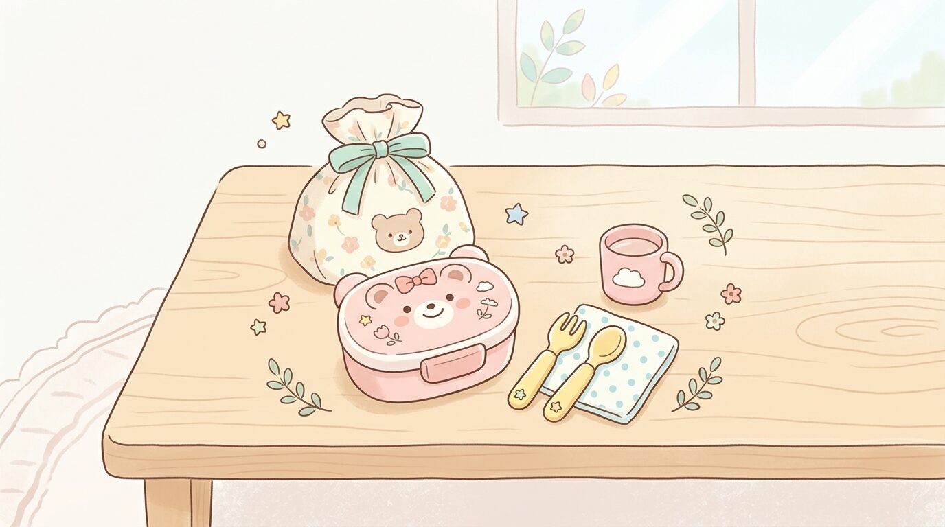 木製のテーブルに並べられたキャラクターデザインの小さなお弁当箱と巾着袋