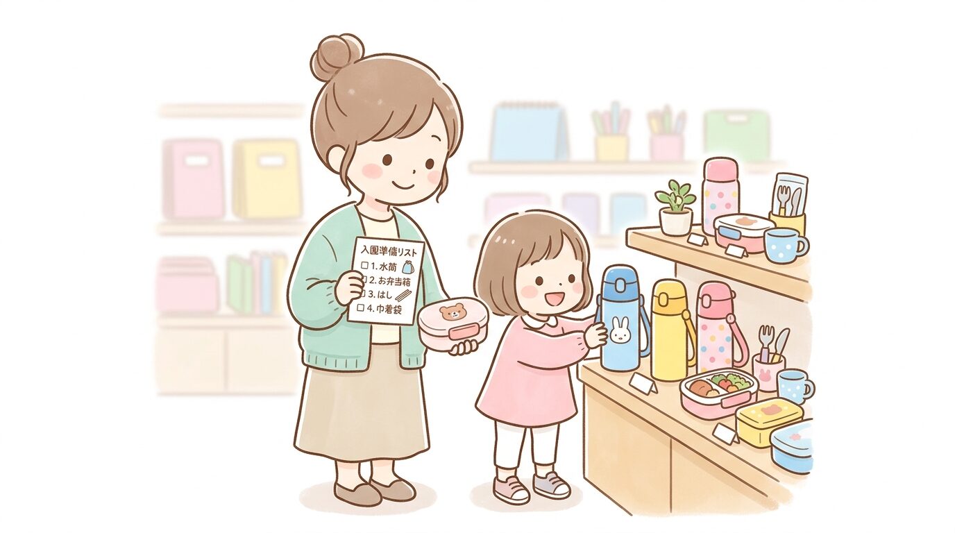 入園準備リストを手に持ちながら水筒とお弁当箱を選ぶ母親と3歳の子供