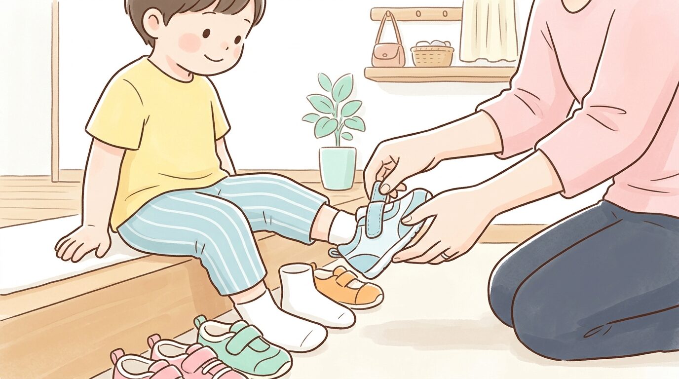 玄関で子供にスニーカーを履かせている親の手元とベルトを留めるシーン