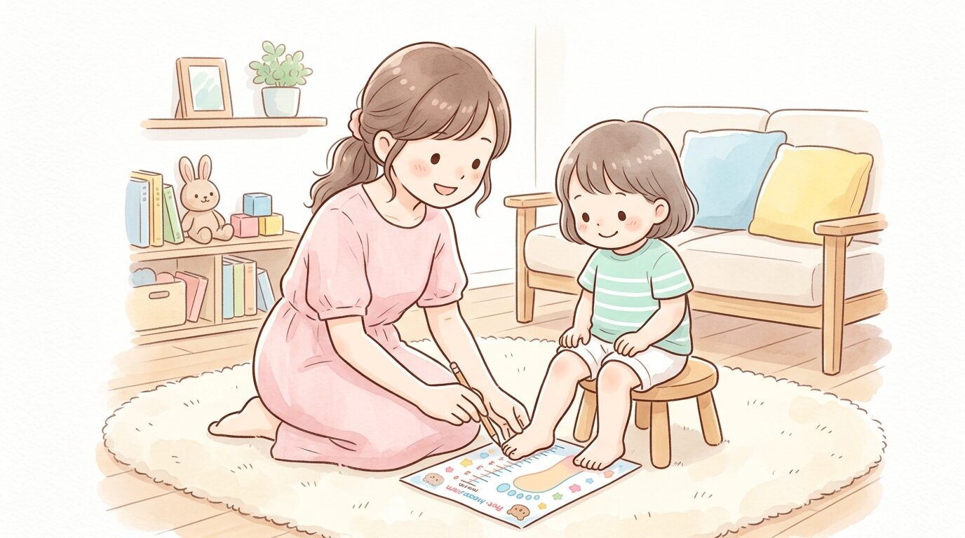 リビングで子供の足のサイズを紙製の計測スケールで測る親子の様子