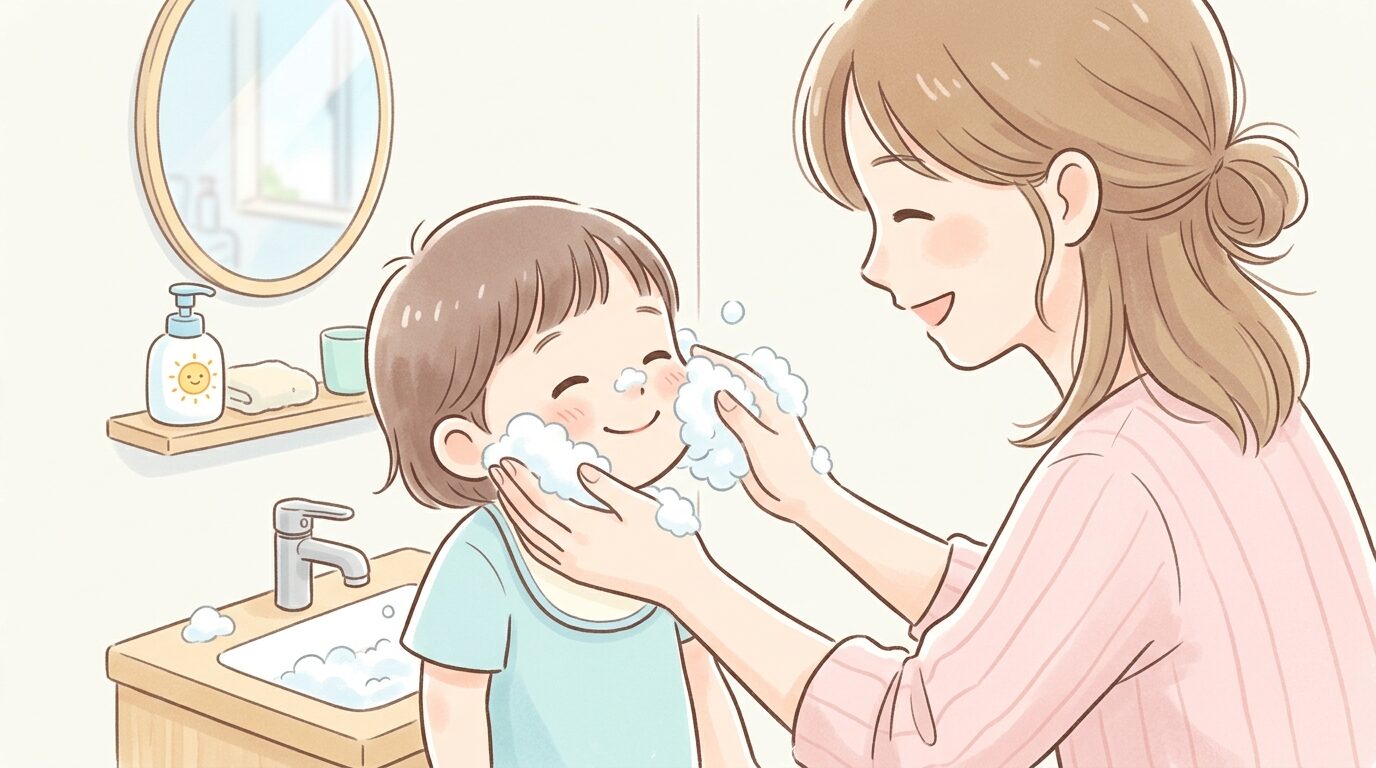洗面所で子供の顔をやさしく泡で洗う母親の手元