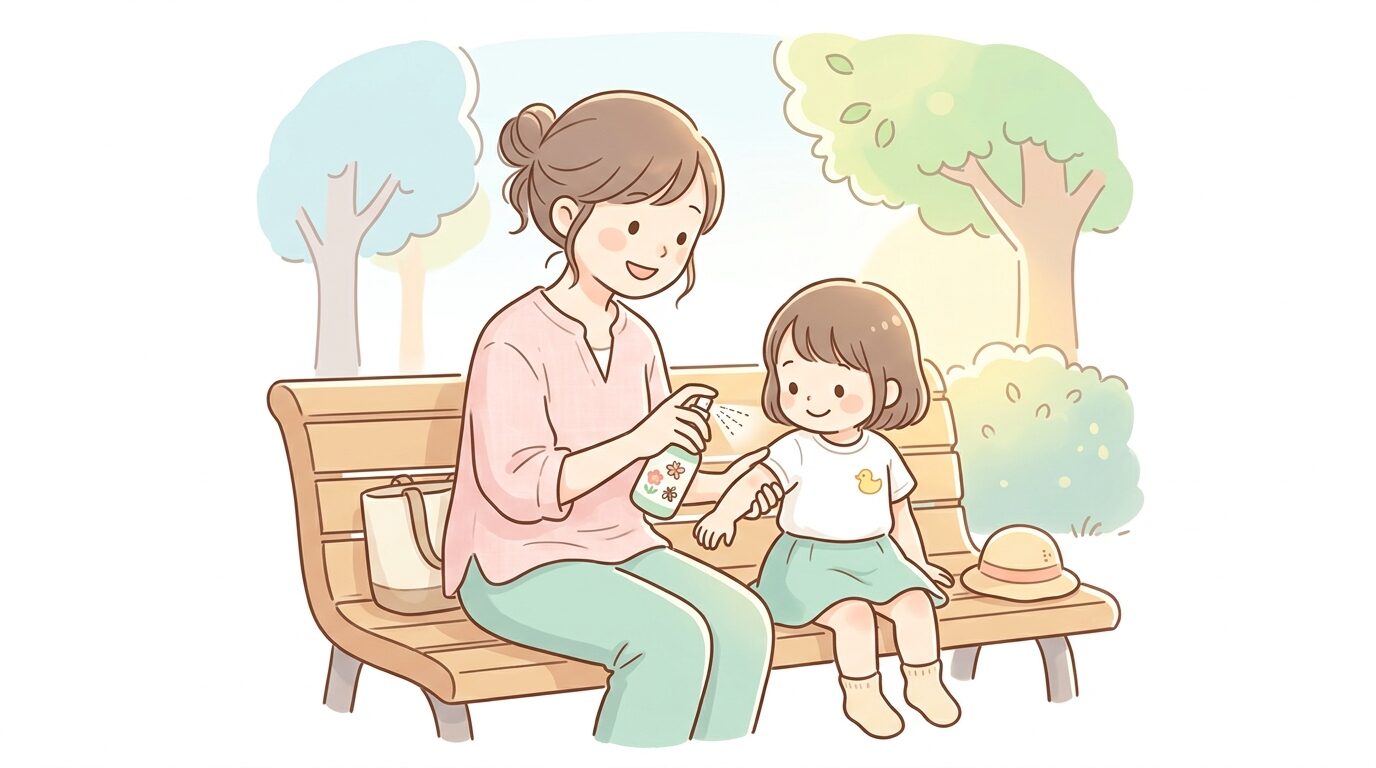 公園のベンチで虫よけスプレーを子供の服にかける母親