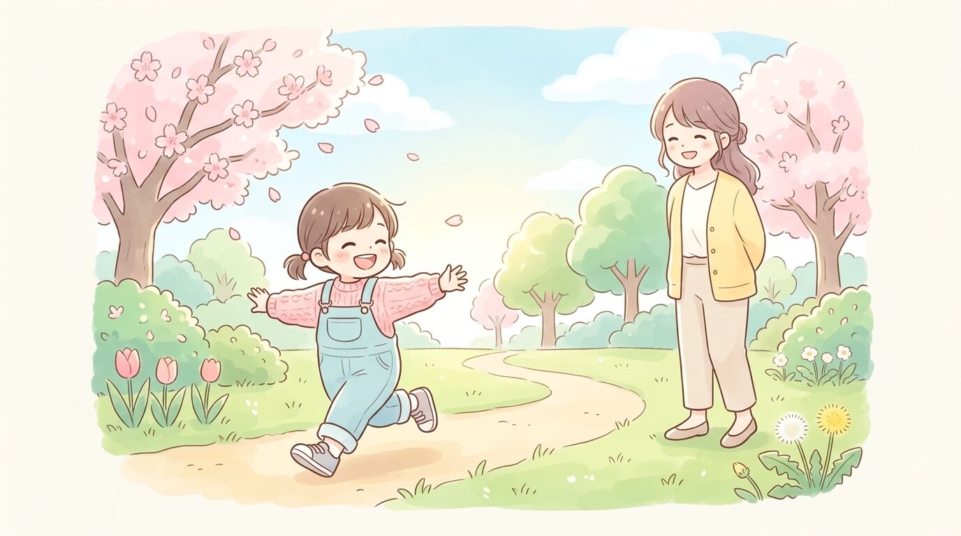 公園で元気に走り回る3歳くらいの子供と見守る母親、爽やかな春の日差し