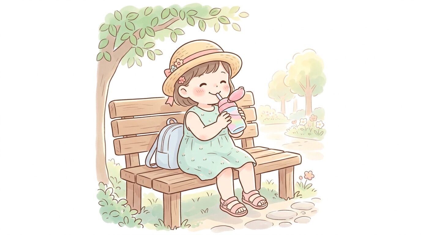 麦わら帽子をかぶり水分補給をする3歳児、真夏の公園で日陰のベンチに座る様子