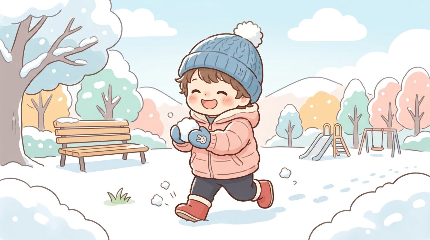 手袋とニット帽を身につけた3歳児が雪の残る公園ではしゃぐ冬の朝