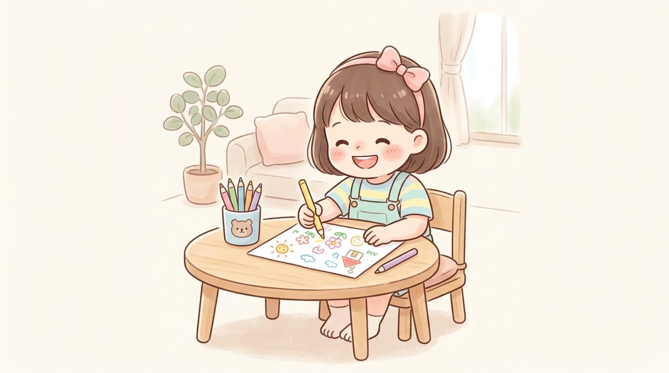 リビングのテーブルで色鉛筆を持ち笑顔でお絵かきする3歳くらいの女の子