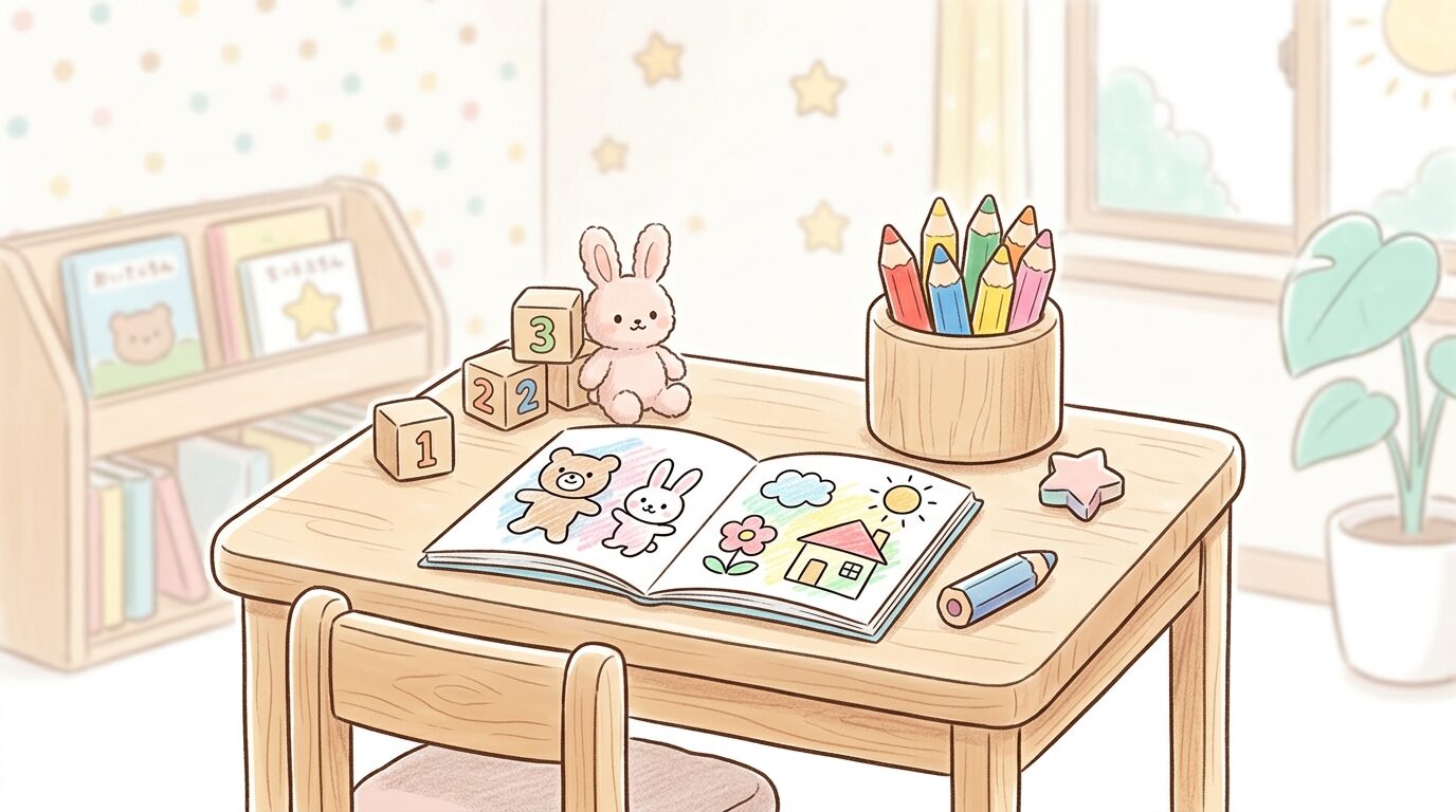 太めの軸の色鉛筆セットとカラフルな塗り絵が並んだ子供部屋の学習机