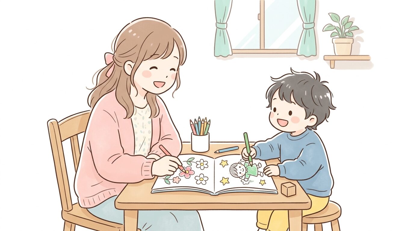 親子で並んで色鉛筆を使い塗り絵をしながら会話を楽しむ温かいシーン