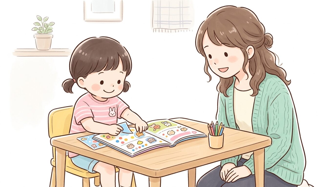 リビングのテーブルでシール付きワークブックに取り組む3歳の女の子と、隣で優しく見守る母親