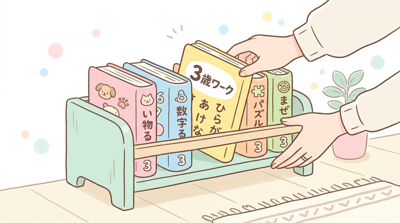 学研やくもんの幼児向けワークブックが数冊並んだ棚と、それを手に取る親の手元