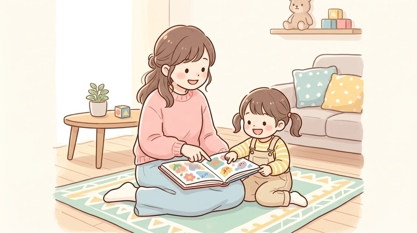リビングの床で絵本を広げて笑顔で読み聞かせをする母親と3歳くらいの子ども