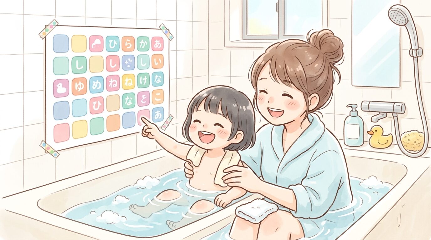 お風呂の壁に貼られたカラフルなひらがな表を指差して笑う3歳児と一緒に入浴する親