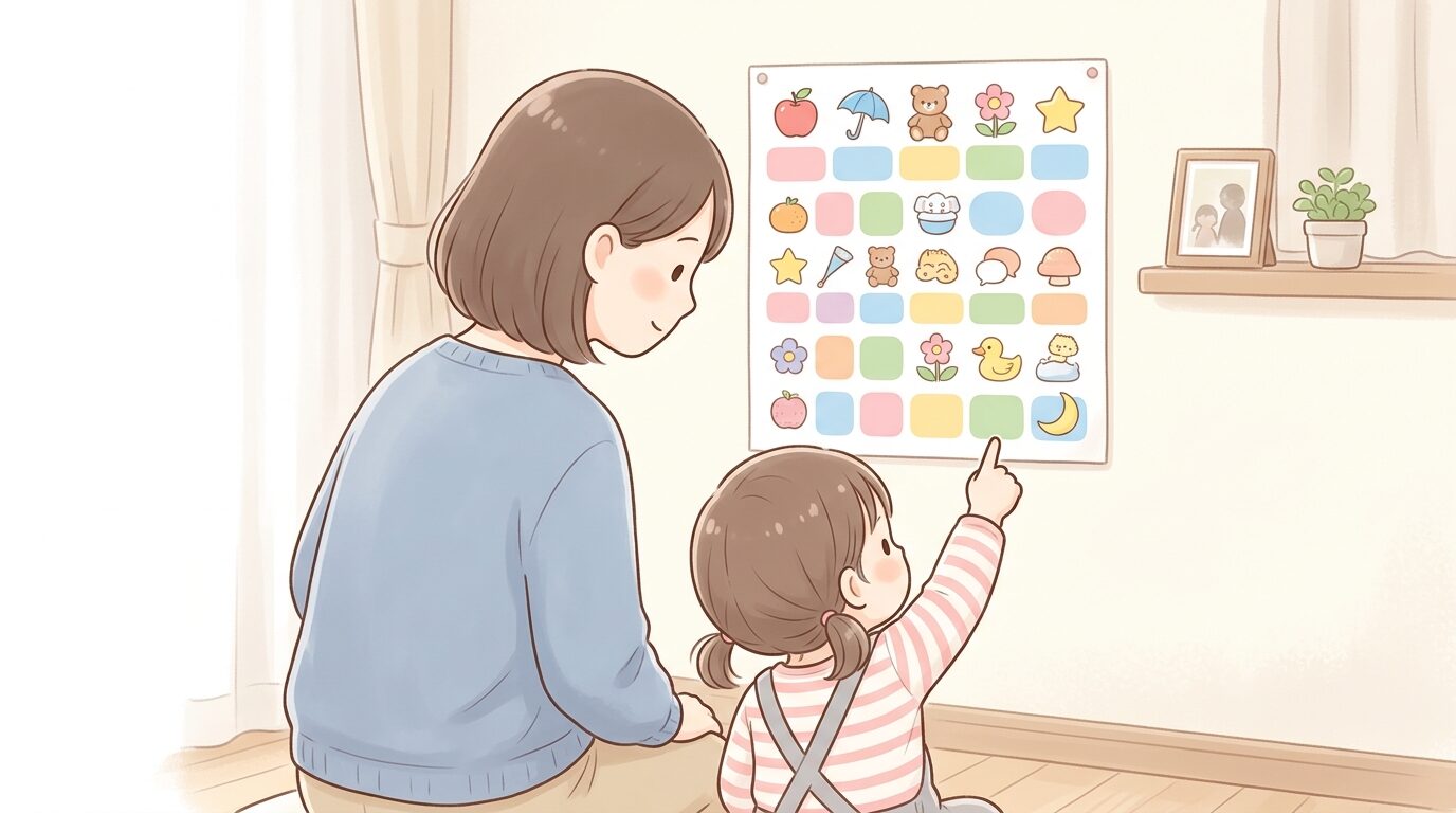 リビングの壁に貼られたイラスト付きひらがな表を指差しながら親と話す幼児の後ろ姿