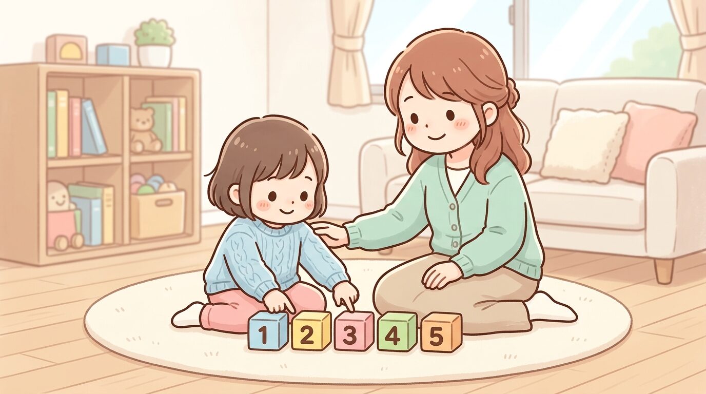 リビングでおもちゃのブロックを一つずつ指差しながら数える3歳くらいの子どもと、隣で優しく見守る母親