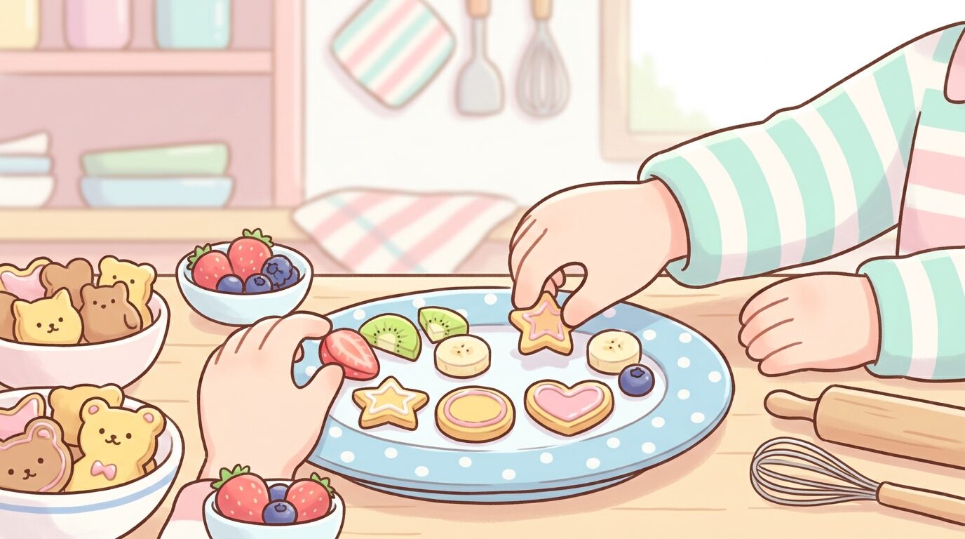 キッチンでクッキーやフルーツを数えながらお皿に並べる3歳児の子どもの手元アップ