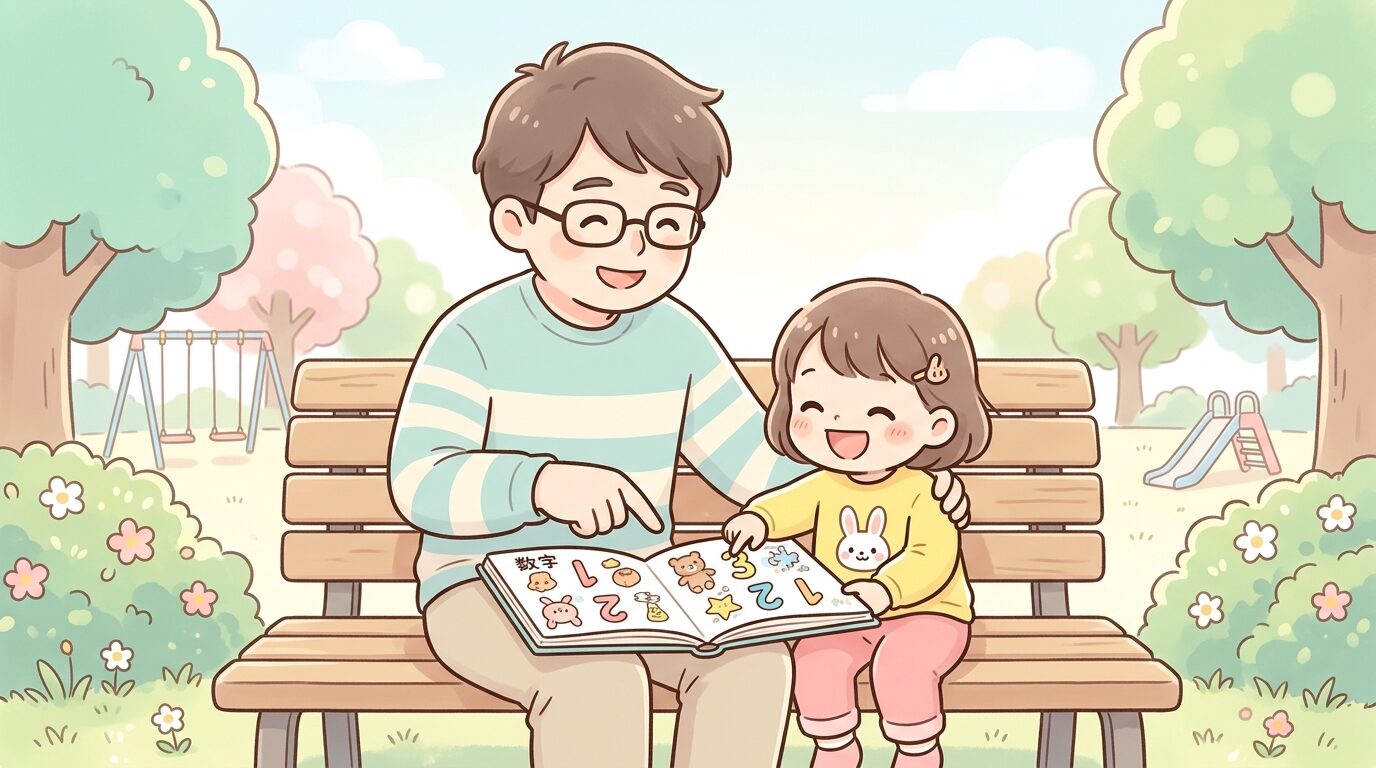 公園のベンチで絵本を広げ、指差しをしながら子どもに数を教える父親と楽しそうな3歳児