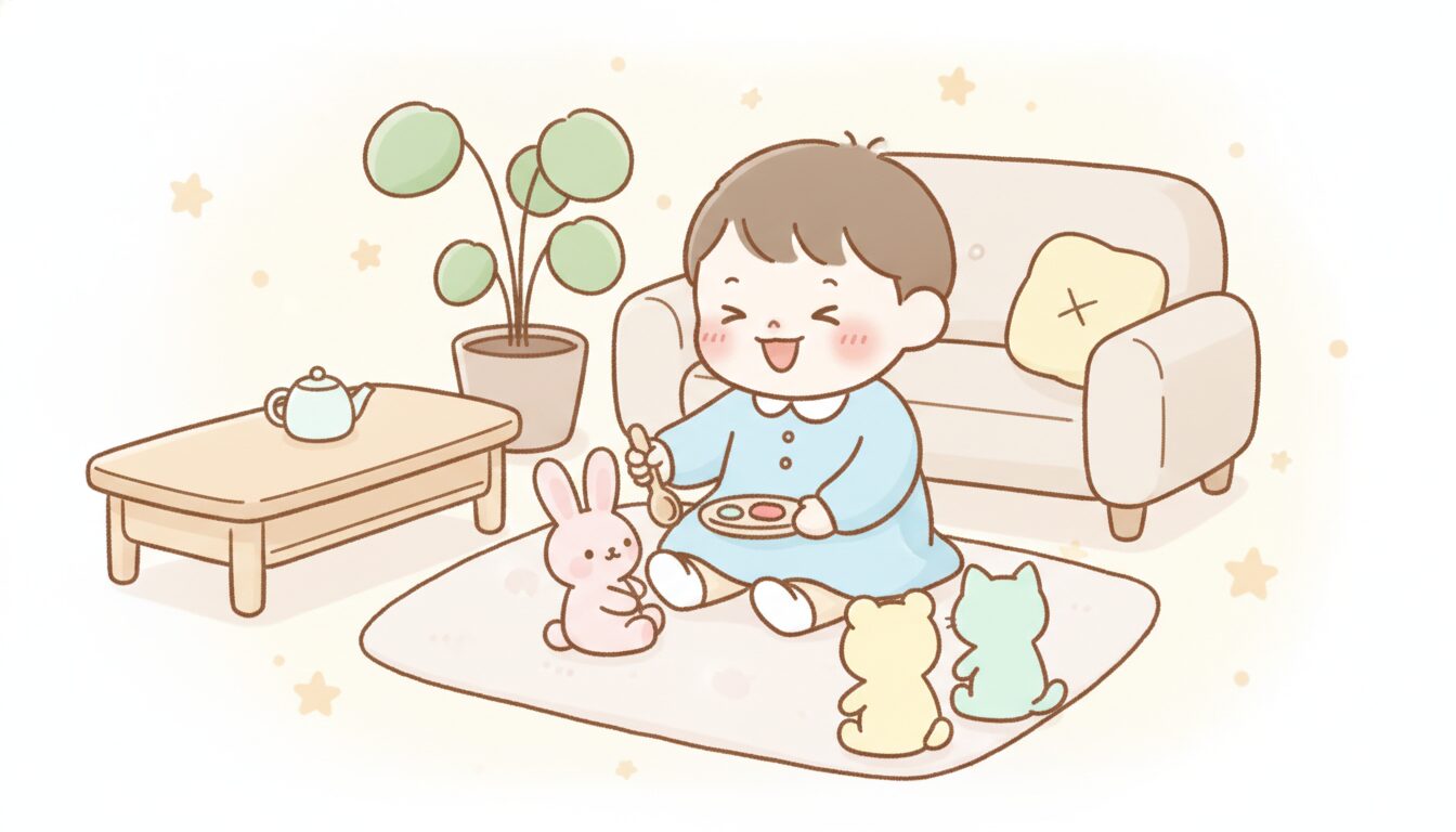 リビングでぬいぐるみに食事のふりをさせて笑顔で遊ぶ3歳くらいの子ども