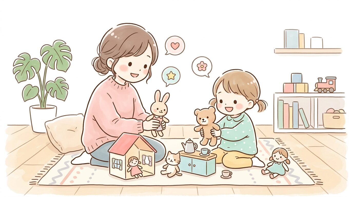 親子で並んでお人形にそれぞれ役割を持たせながらごっこ遊びを楽しむ様子