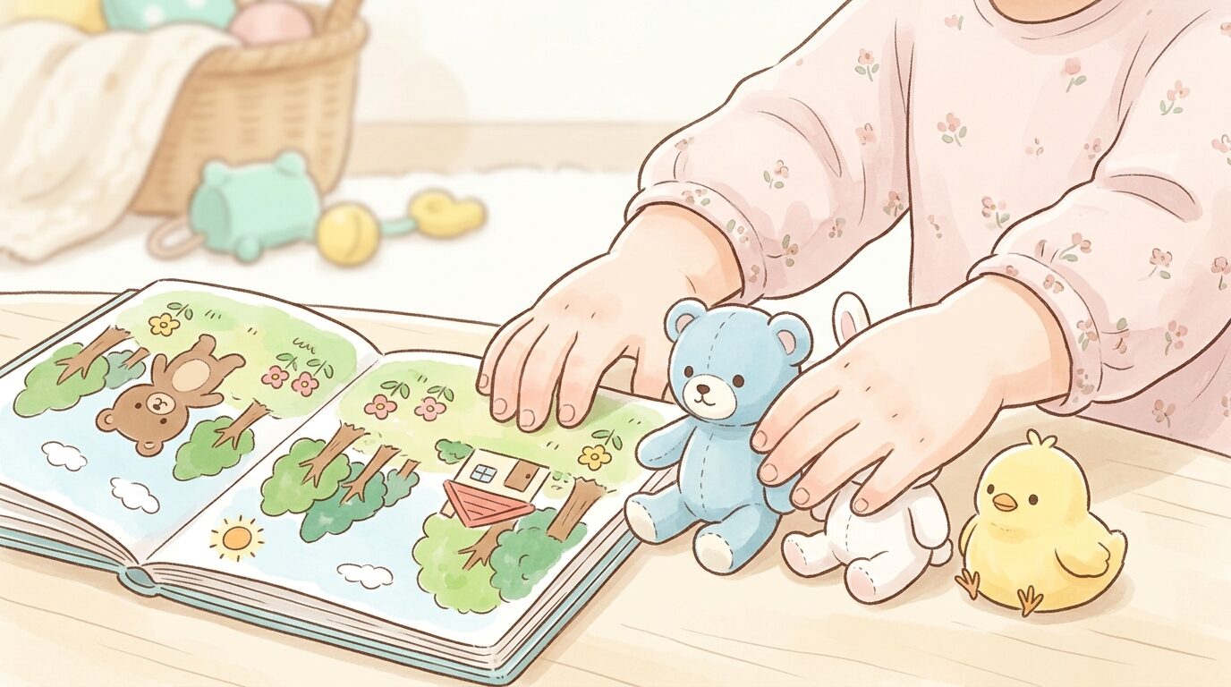 絵本の隣にぬいぐるみを並べてお話を再現する子どもの手元アップ