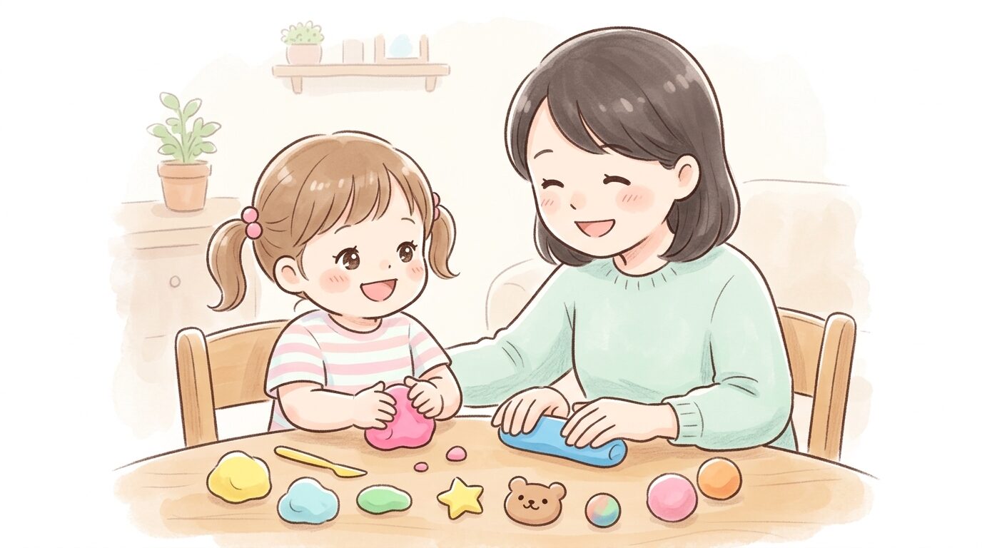 親子でテーブルに向き合い、カラフルな粘土を丸めて遊ぶ3歳くらいの女の子と母親の手元