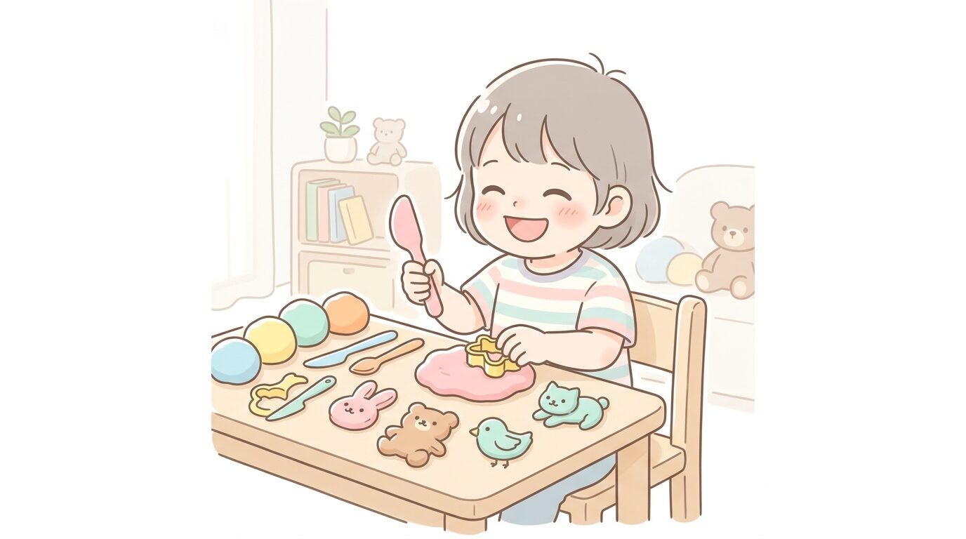 粘土用のヘラや型抜きを使い、動物の形を作ろうとする3歳児の楽しそうな表情