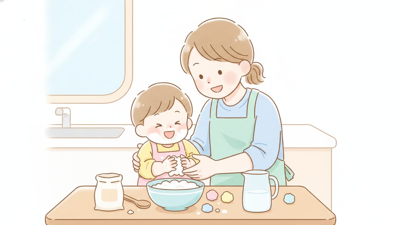キッチンで小麦粉と水を混ぜて手作り粘土を作る親子の楽しそうな様子