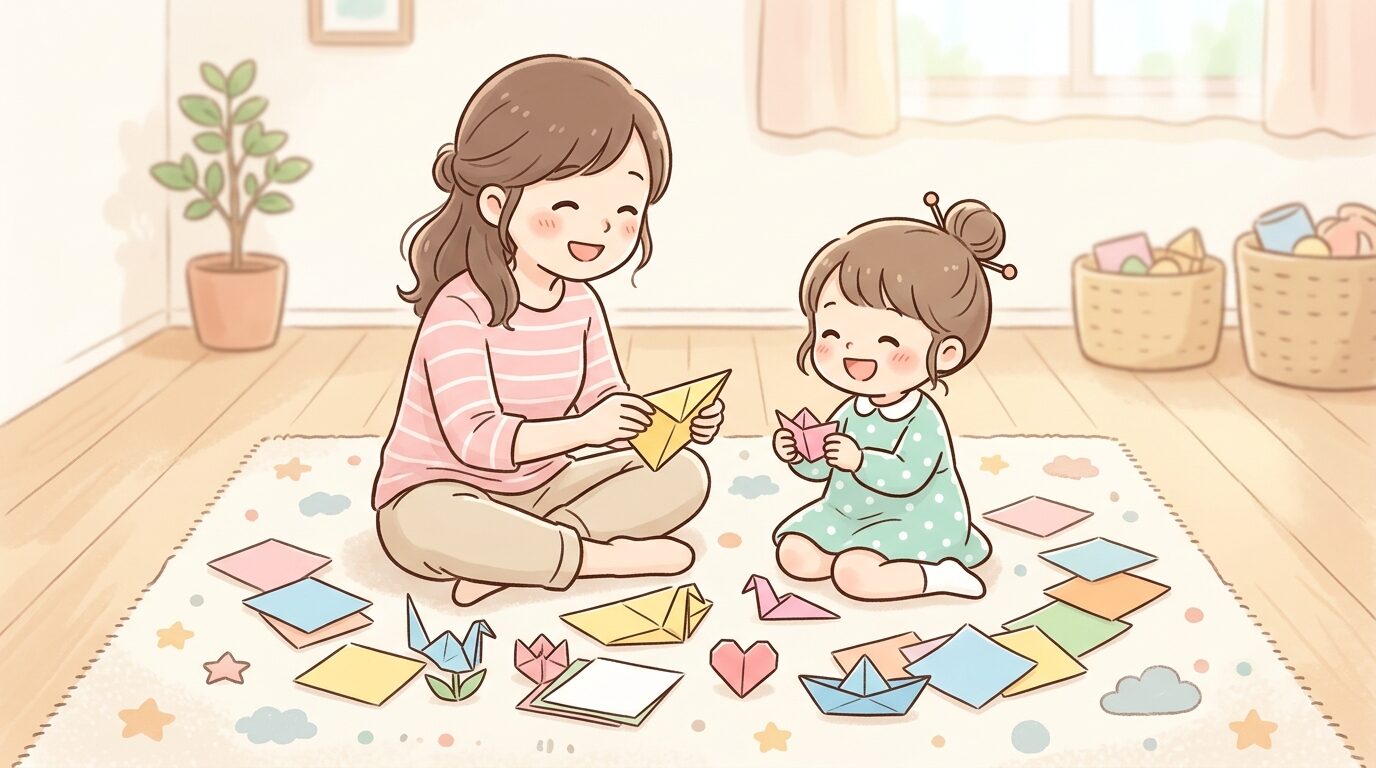 リビングのラグの上で親子が向かい合い、色とりどりの折り紙を広げて楽しそうに遊んでいる様子