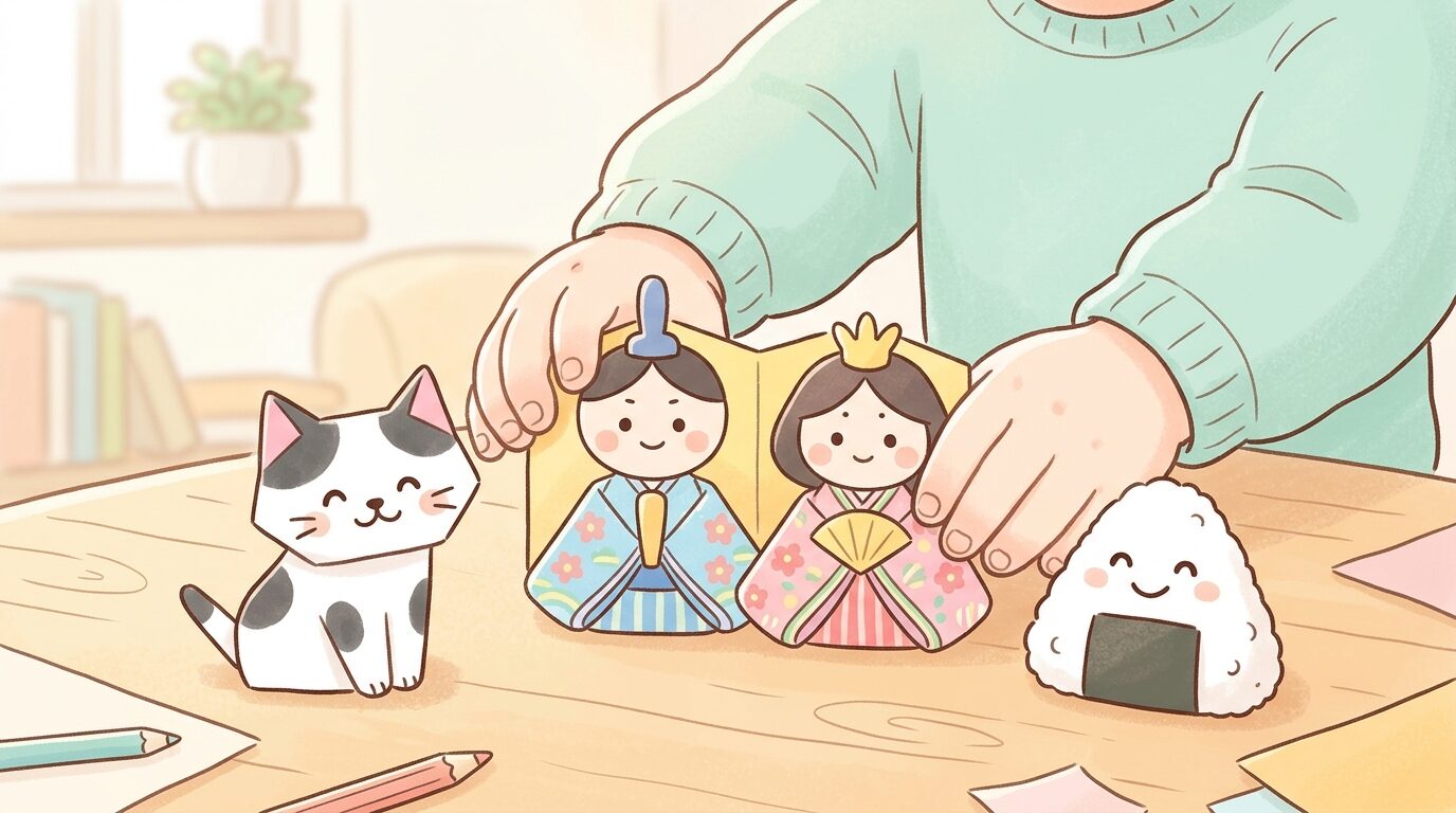 テーブルの上に並んだ折り紙で作ったおにぎり・ひな人形・ねこの作品を見せる子どもの手