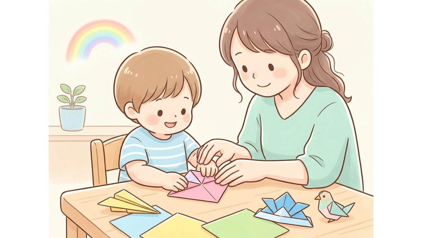 折り紙を折る子どもの手元にそっと手を添えて優しく教える親の様子