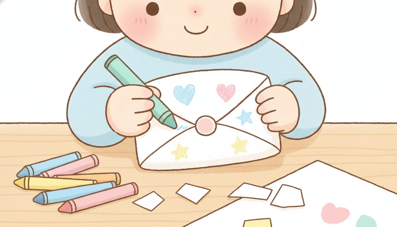 手作りの封筒とクレヨンを手に持ち、笑顔でお手紙を書く3歳くらいの女の子の手元