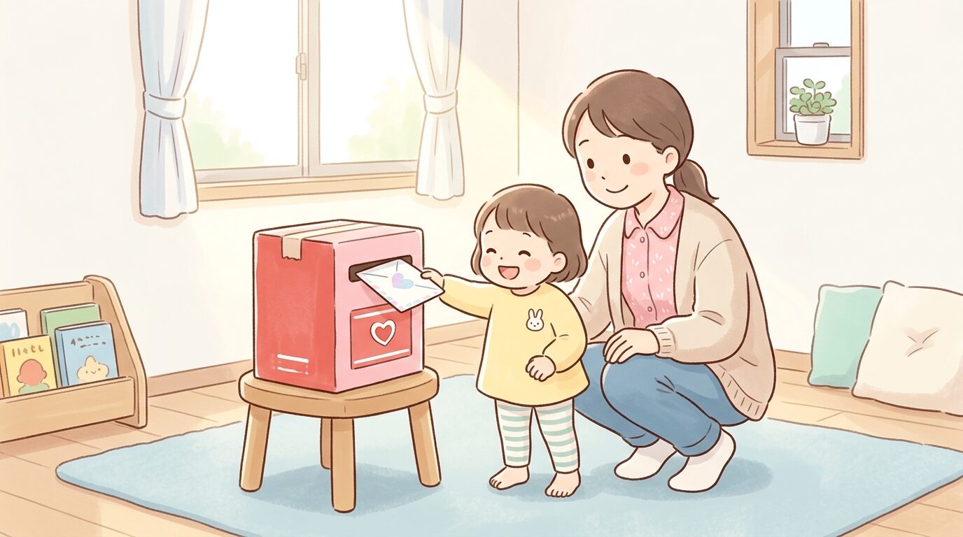 リビングで手作りポストに封筒を投函する親子、柔らかい自然光が差し込む温かい雰囲気