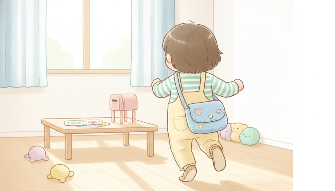 手作りの郵便配達バッグを肩にかけて元気に走る3歳児の後ろ姿、明るい室内の様子