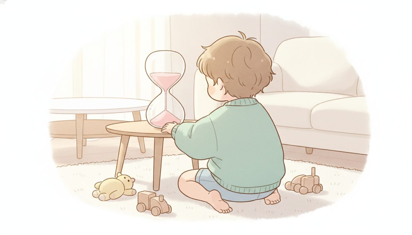 リビングで砂時計を見つめる3歳くらいの子どもの後ろ姿、柔らかい午後の光